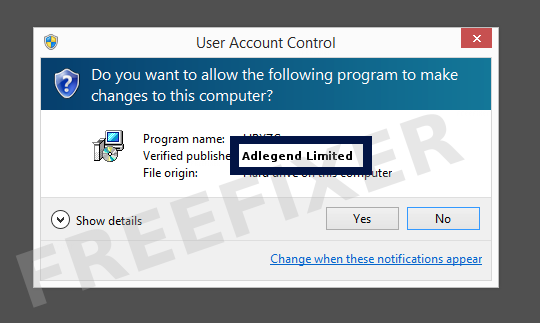 Screenshot where Adlegend Limited appears as the verified publisher in the UAC dialog